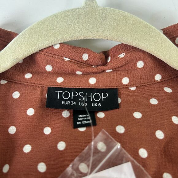 Topshop Brown Cream Polka-Dot 3/4 Sleeve Front Button Pleated Slit Maxi Dress 2 - Picture 8 of 14